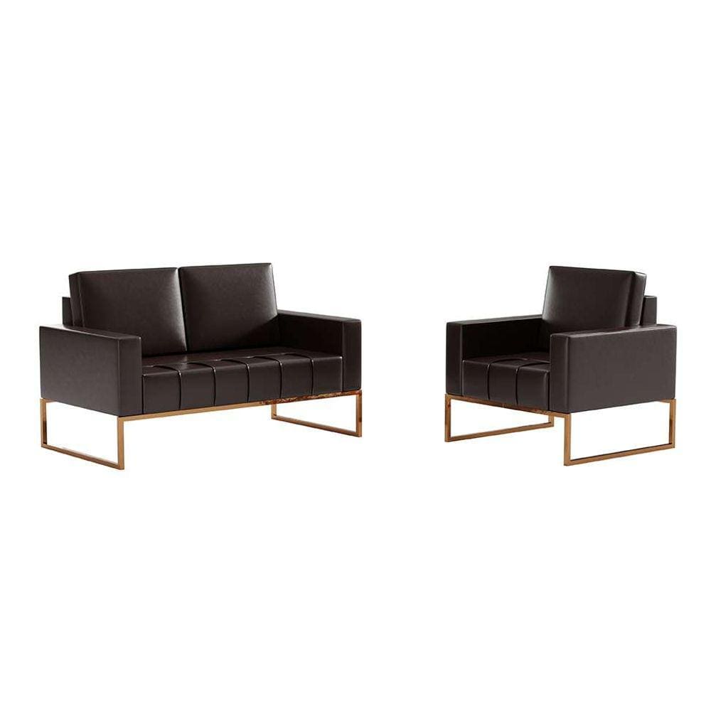 conjunto de sofá 2 lugares com 1 poltrona atena revestimento sintético café