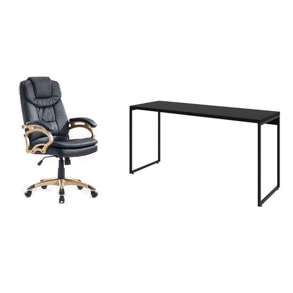 conjunto de mesa studio 150 cm com cadeira de escritório presidente giratória com relax clark preta e dourada