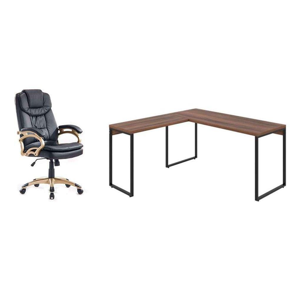 conjunto de mesa kuadra nogal 150 cm com cadeira de escritório presidente giratória com relax clark preta e dourada