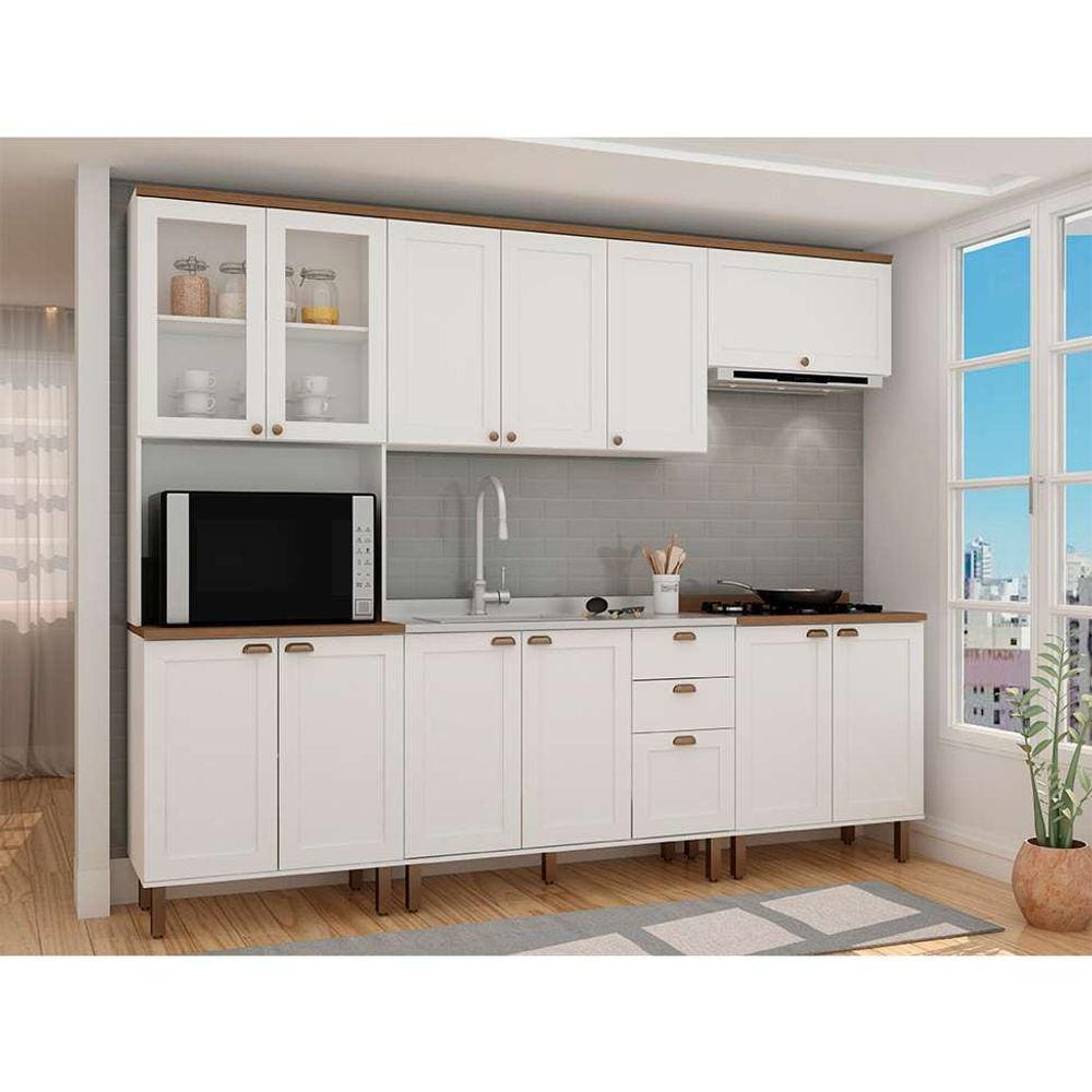 cozinha compacta iluminata ester com vidro 12 pt 3 gv branca e Ébano