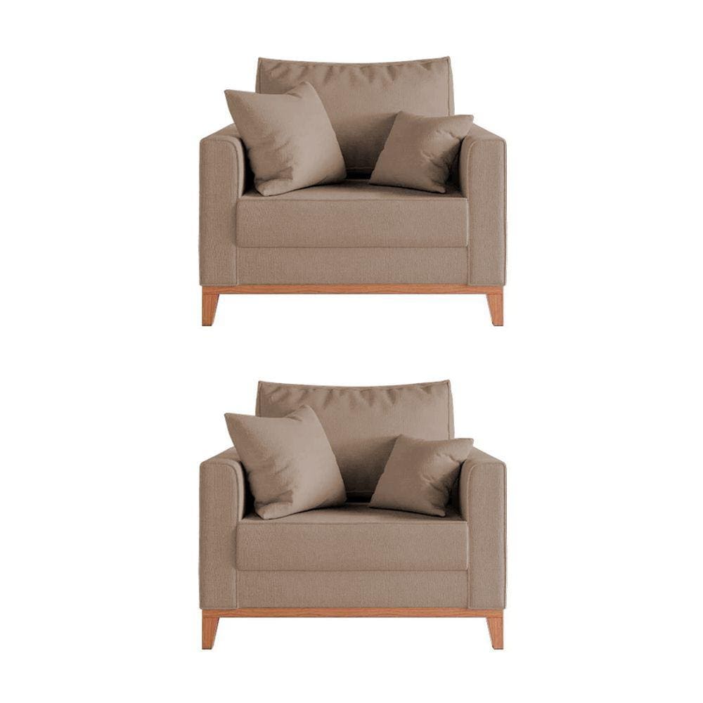 Kit 2 Poltronas Beny para Recepção com 2 Almofadas Veludo Bege Base em Madeira Maciça