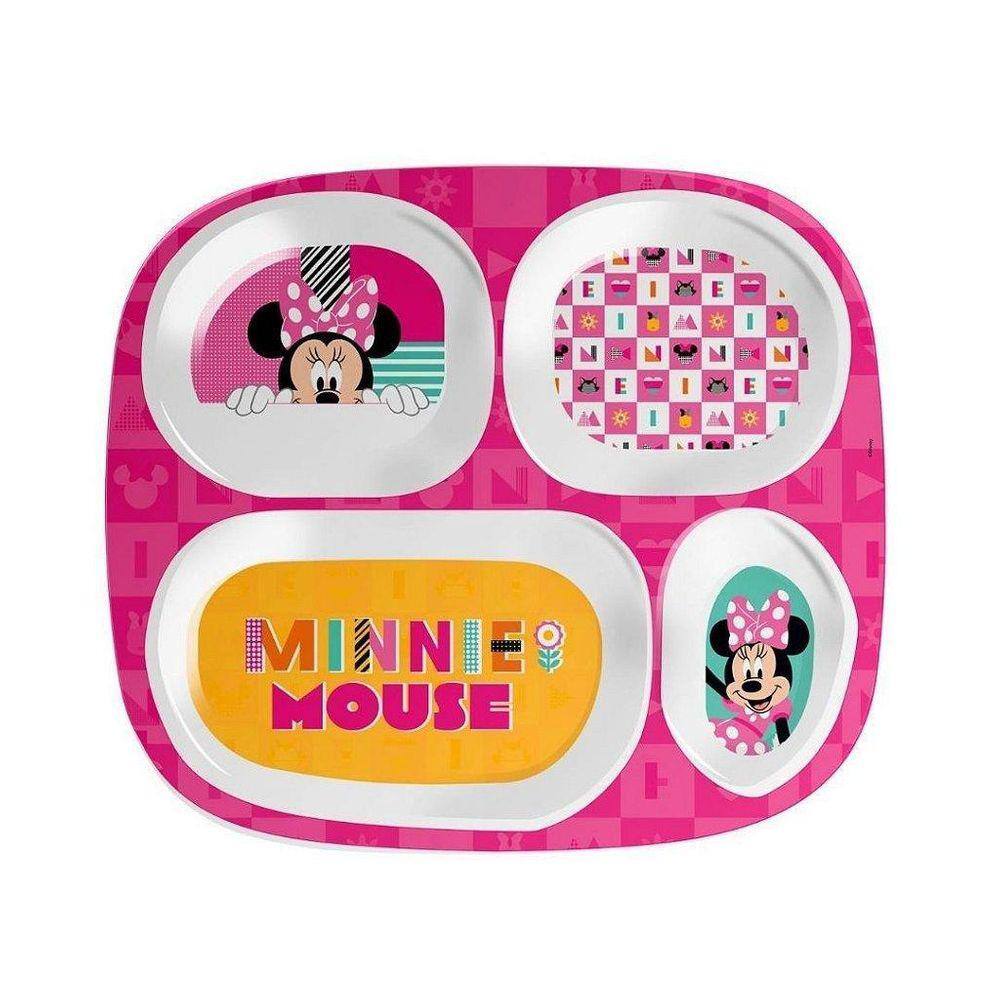 Prato Refeição Infantil 4 Divisórias Melamina Rosa Minnie