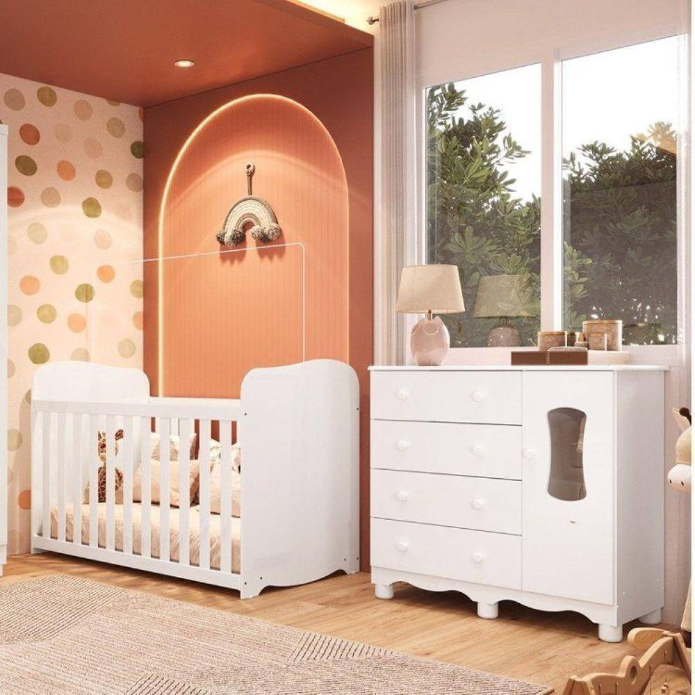 Quarto de Bebê Cômoda 1 Porta com Janela e 4 Gavetas e Berço 100% Mdf Lana Branco Brilho