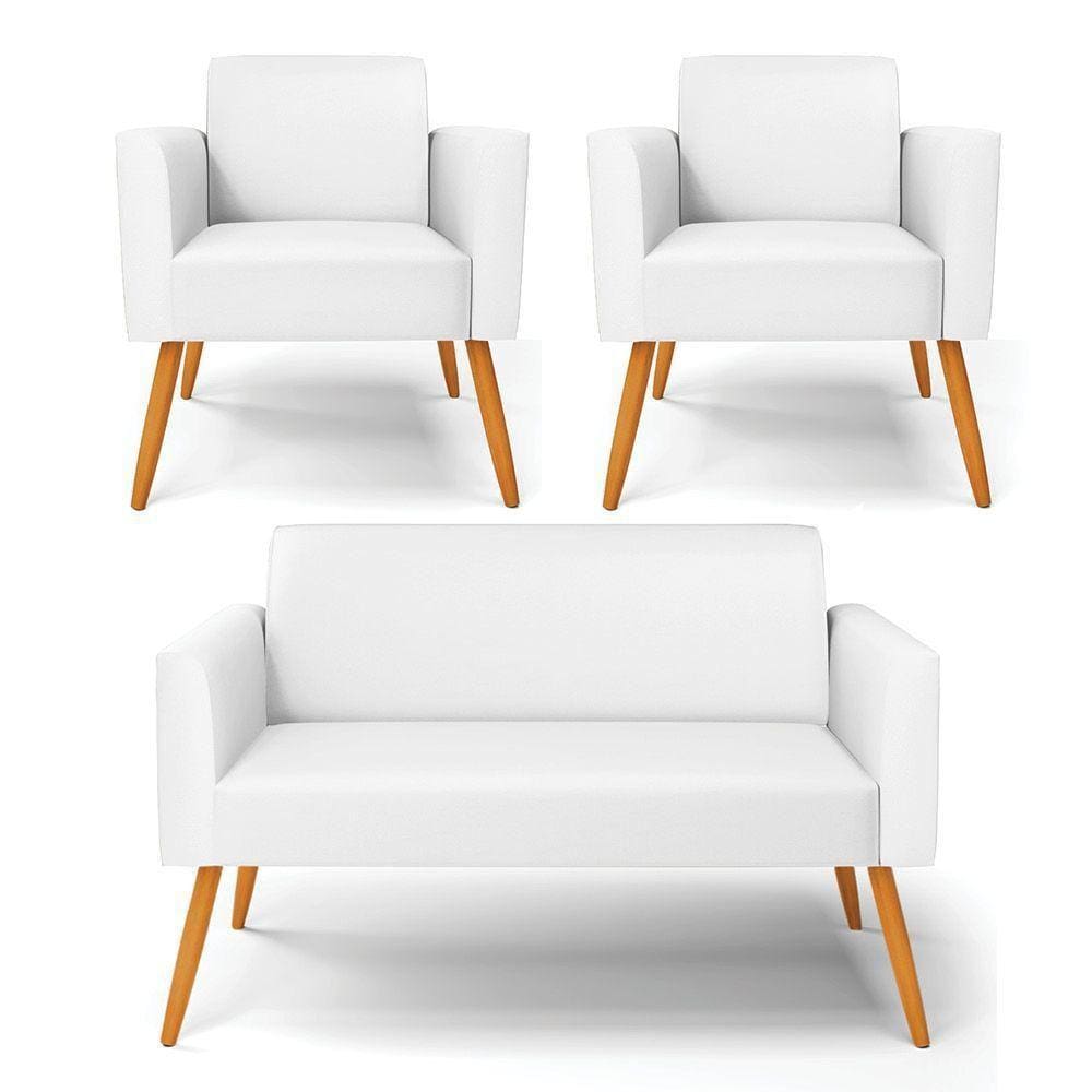 Sofá Namoradeira Com 2 Poltronas Pés Palito Castanho Marisa Corino D03 - D\`rossi Cor Branco