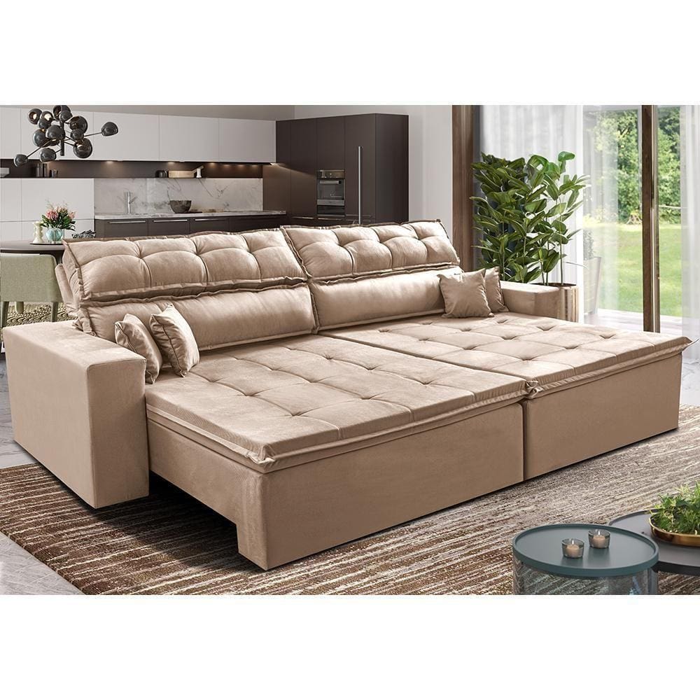 Sofá Retrátil E Reclinável 2,72m Luxos Cama Inbox Velusoft Bege