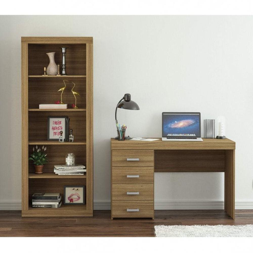 Escrivaninha 4 Gavetas Malta com Estante para Livros Vistas Castanho