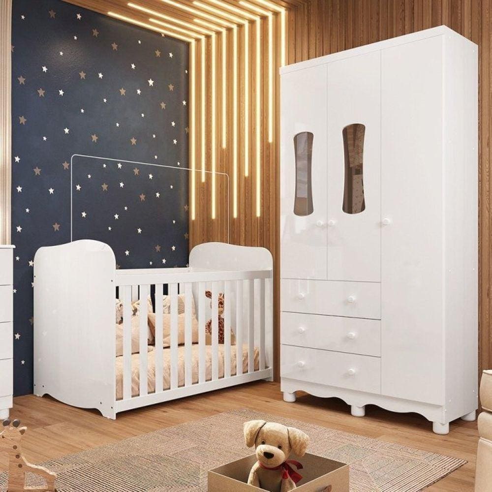 Quarto de Bebê Guarda Roupas 3 Portas 3 Gavetas e Berço 100% Mdf Lana Branco Brilho