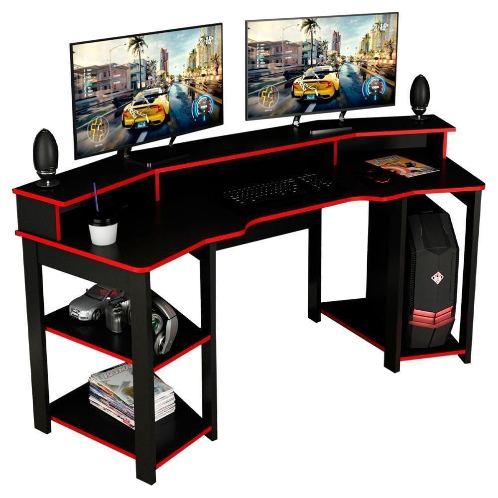 Mesa Gamer Cockpit 3 Prateleiras Me4167 Preto Vermelho Tecno Mobili Preto Vermelho