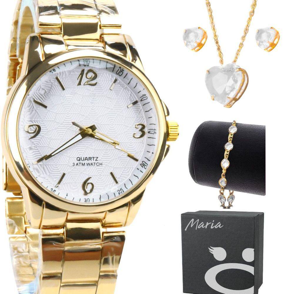 Relogio feminino dourado + colar aço inox + caixa pulseira qualidade premim casual presente social