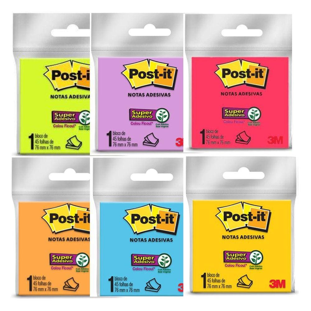 Kit 06 Blocos de Notas Adesivas Post it Super 76x76 mm 45 Folhas - 3M