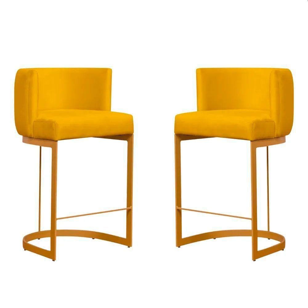 Kit 2 Banquetas Decorativas Para Cozinha Em Suede Amarelo Com Base Dourada Amarelo Com Dourado