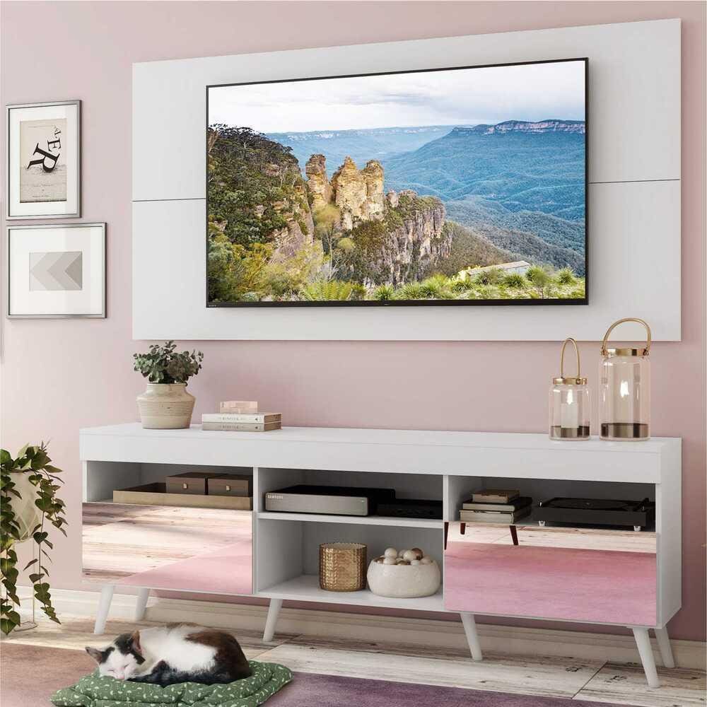 Rack com Espelho, Pés Retrô e Painel TV 65” com 2 Portas Londres Multimóveis Branco