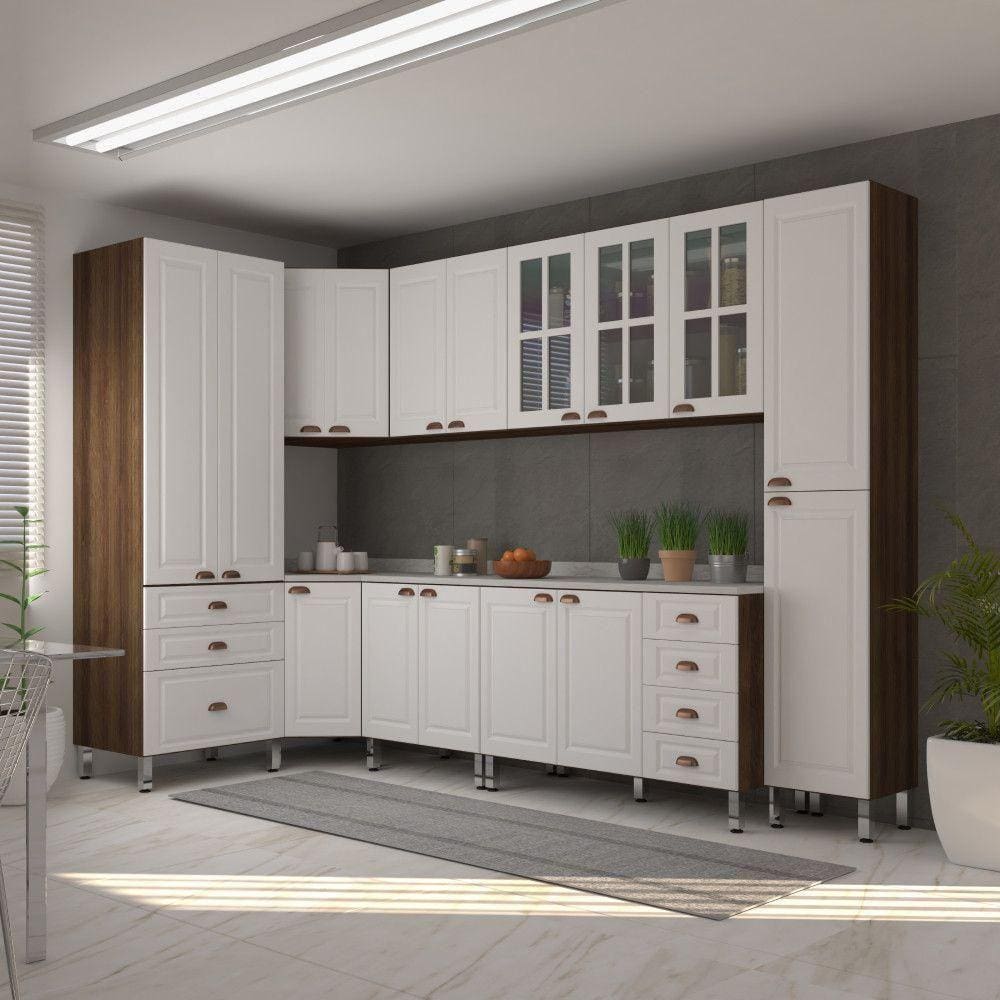 Armário De Cozinha C 8 Peças Com Tampos E Vidro Safira Luciane Móveis Nogueira-branco Pet-mármore