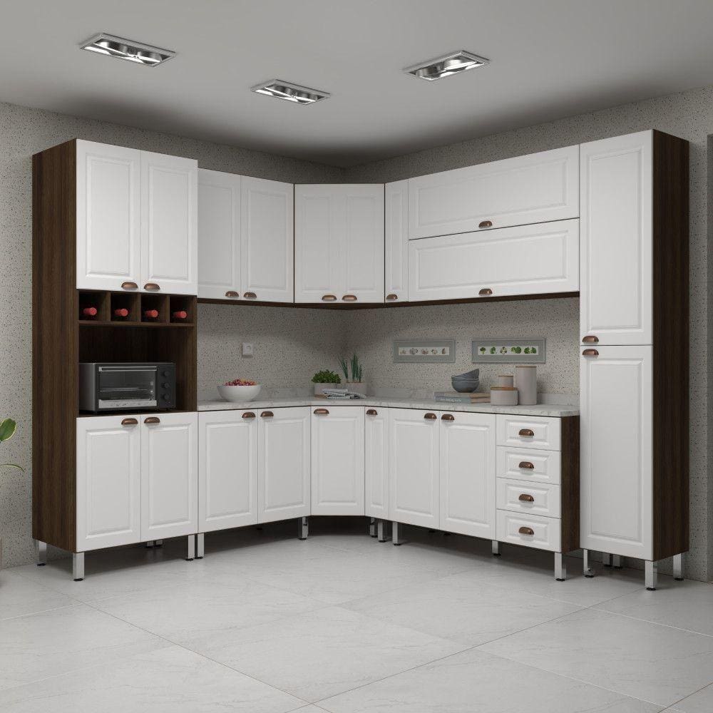 Armário De Cozinha 10 Peças C Tampos E Espaço Micro Safira Luciane Móveis Nogueira-branco-mármore