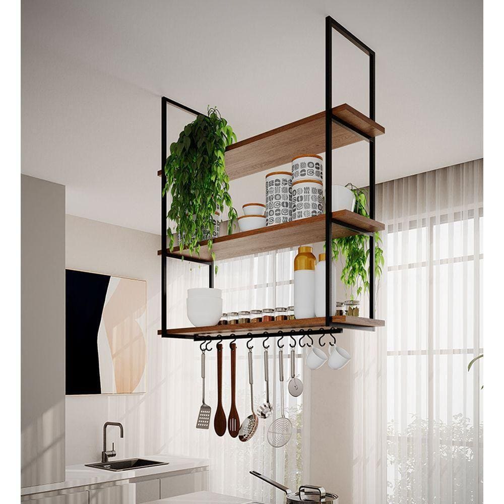 Nicho De Teto Indústrial Denver 95cm Preto E Freijó - Cor: Preto