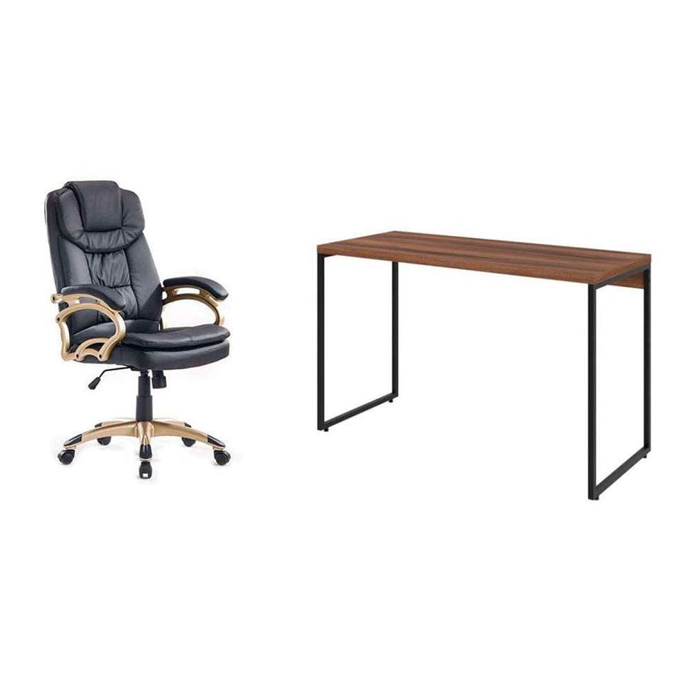 conjunto de mesa studio nogal 120 cm com cadeira de escritório presidente giratória com relax clark preta e dourada