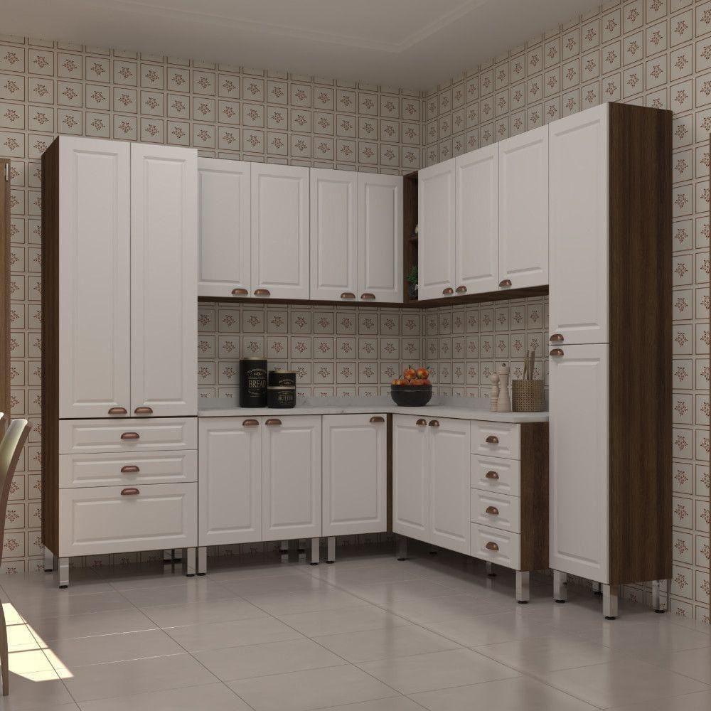 Armário De Cozinha Completa 8 Peças Com Tampo Safira Luciane Móveis Nogueira-branco Pet-mármore