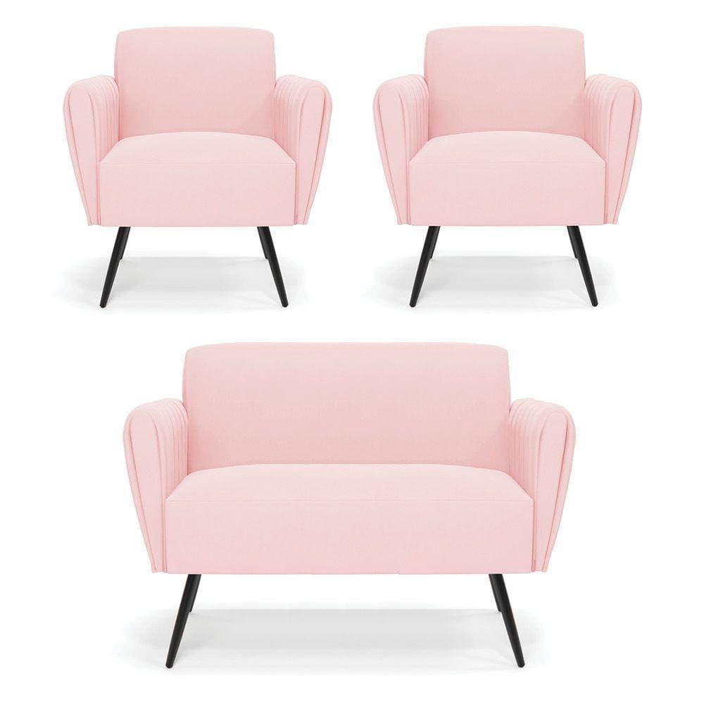 Sofá Namoradeira Com 2 Poltronas Pés Palito De Ferro Bruna Suede Rosa Bebê - D\\`rossi