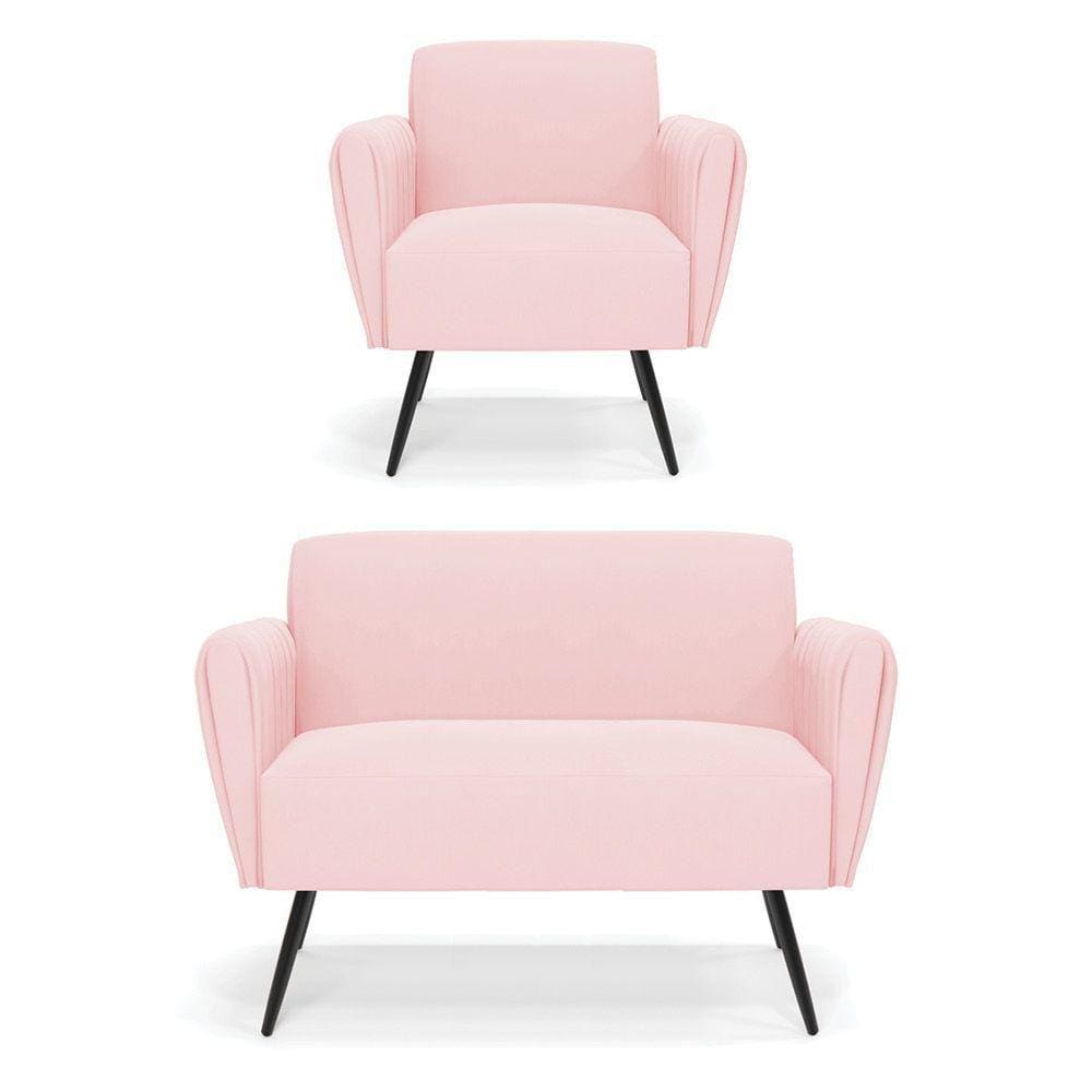 Sofá Namoradeira Com Poltrona Pés Palito De Ferro Bruna Suede Rosa Bebê - D\\`rossi
