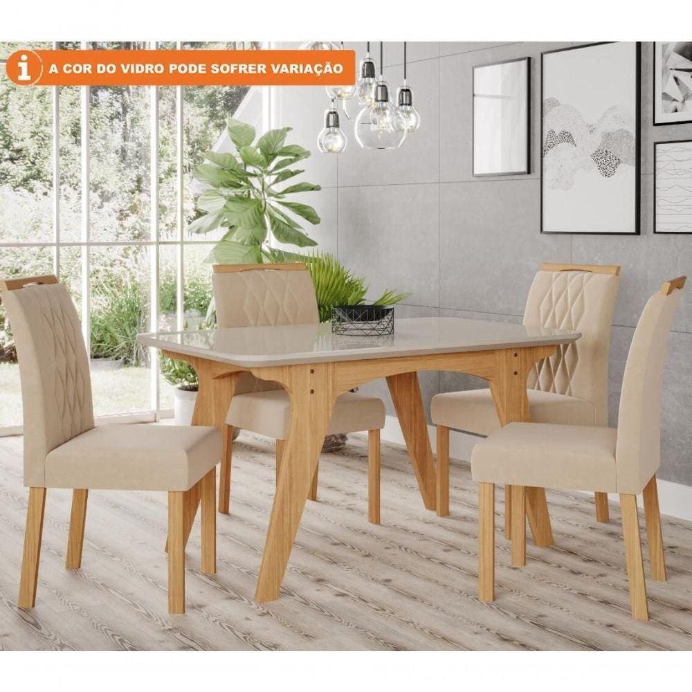 Conj Sala De Jantar Selena 130x80 Tampo Em Mdf-vidro 4 Cadeiras Nature-off White-nude