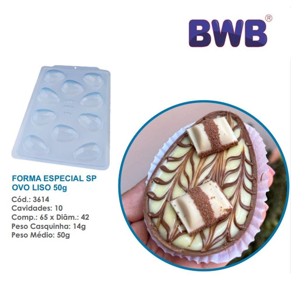 Forma especial p/ ovo de pascoa liso 50g 3 partes c/ silicone bwb 3614