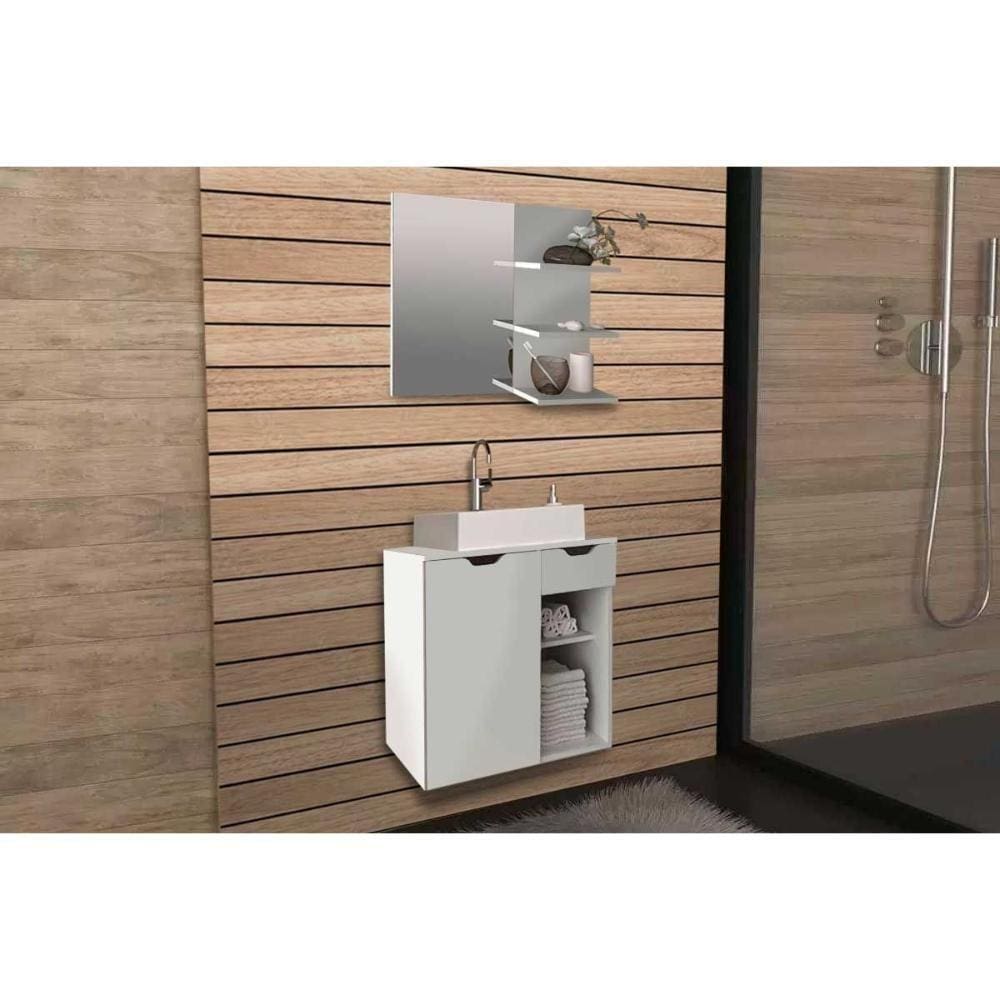 Kit De Banheiro Armário Bn3608 E Balcão Suspenso Bn3605 CCuba Pia Bn3600 60cm Branco Tecno Mobili