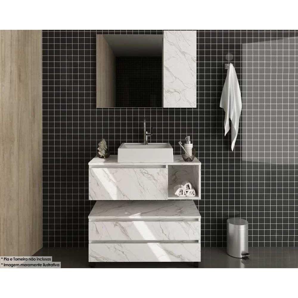 Conjunto De Banheiro Armário C- Espelho Bn3602 Balcão Suspenso Bn3601 E Balcão C- Rodizios Bn3603 S- Cuba Pia 80cm Cor Mármore Branco - Tecno Mobili