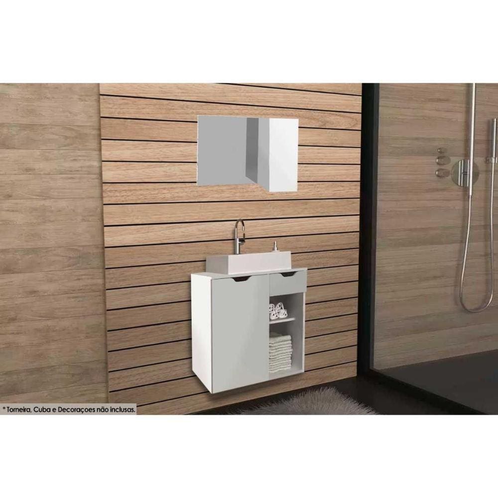 Conjunto De Banheiro Armário C- Espelho Bn3602 80cm E Balcão Suspenso Bn3605 S- Cuba Pia 60cm Cor Branco - Tecno Mobili