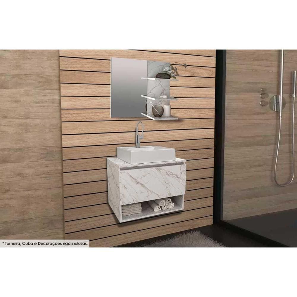 Conjunto De Banheiro Armário C- Espelho Bn3608 E Balcão Suspenso Bn3606 S-cuba Pia 60cm Cor Mármore Branco - Tecno Mobili