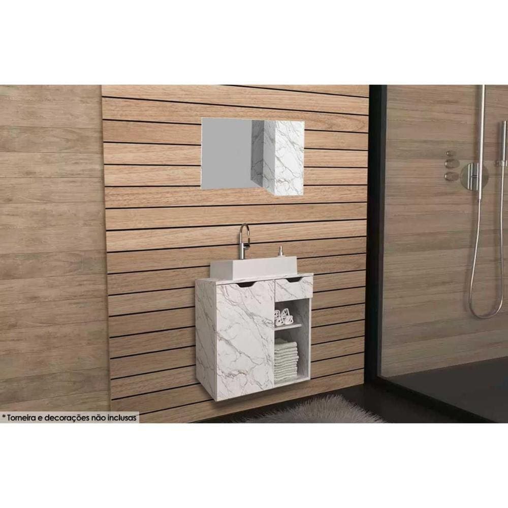 Conjunto De Banheiro Armário C- Espelho Bn3602 80cm E Balcão Suspenso Bn3605 60cm C- Cuba Pia Bn3600 Cor Mármore Branco - Tecno Mobili