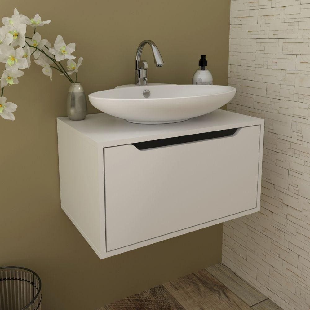 Balcão Gabinete Suspenso Para Banheiro 60cm Com 1 Porta Bn3646 Tecnomobili Branco Branco