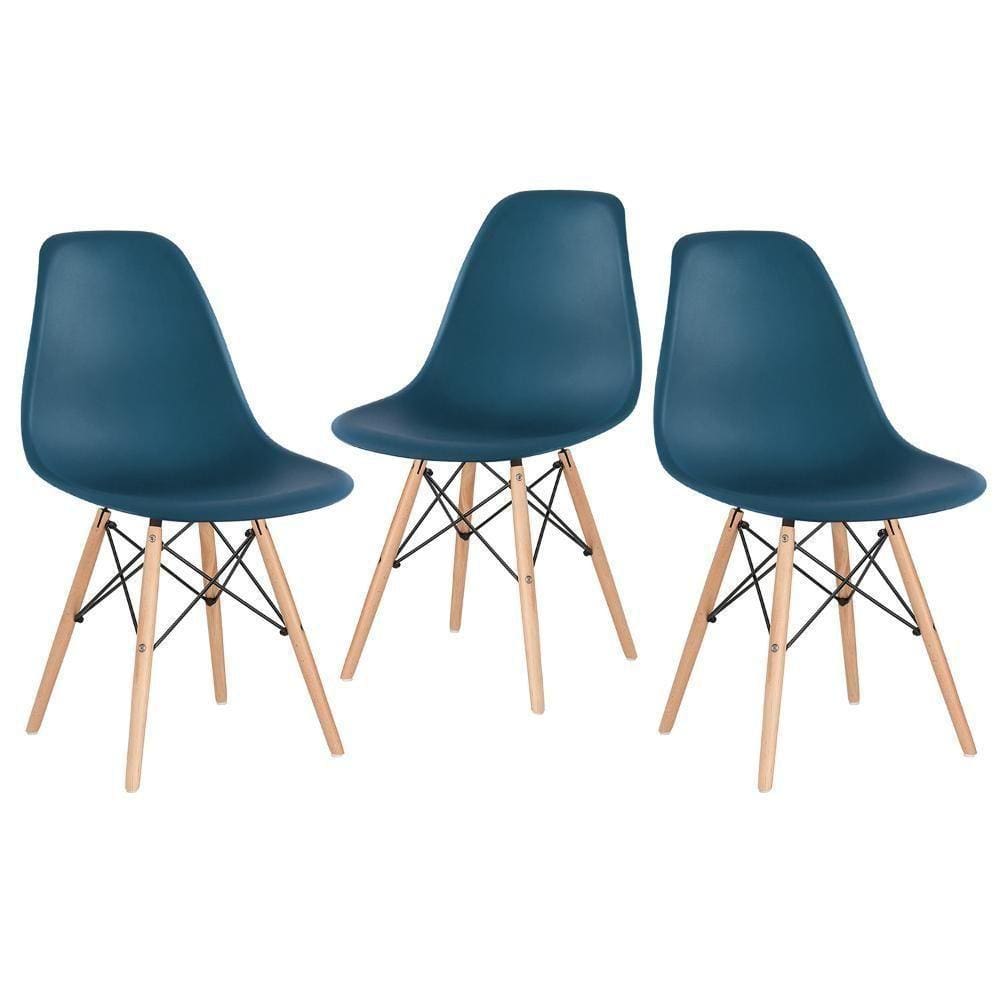 Kit 3 Cadeiras Charles Eames Eiffel Dsw Com Pés De Madeira Clara Azul Petróleo