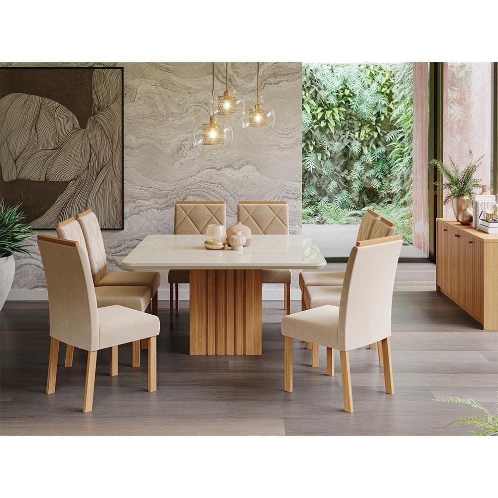 Conj Sala De Jantar 130x130 Tampo Em Mdf-vidro 8 CadeirasNature-off White-madeira-nude