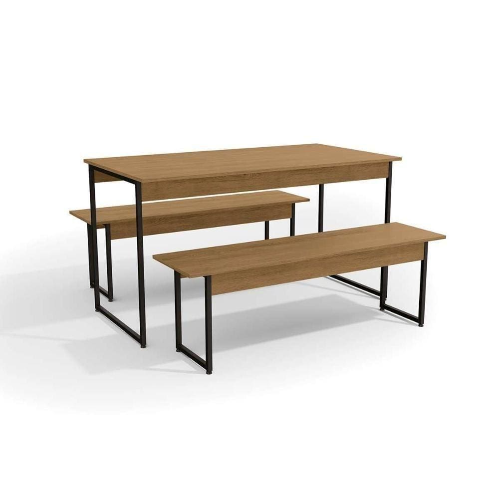 Conjunto: Mesa Sala Jantar Industrial Li013 C- Tampo Madeirado 136x72cm E 2 Bancos Freijo-preto