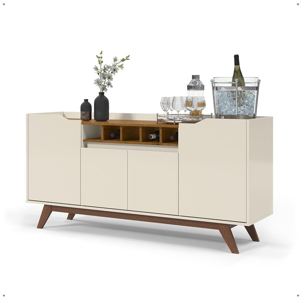 Aparador Buffet 1.52 Balcão 4 Portas Prateleira Organizadora Adega Cantinho Bar Café Pés Madeira Retrô Sala Cozinha Luxo - Off White/Freijó - RPM