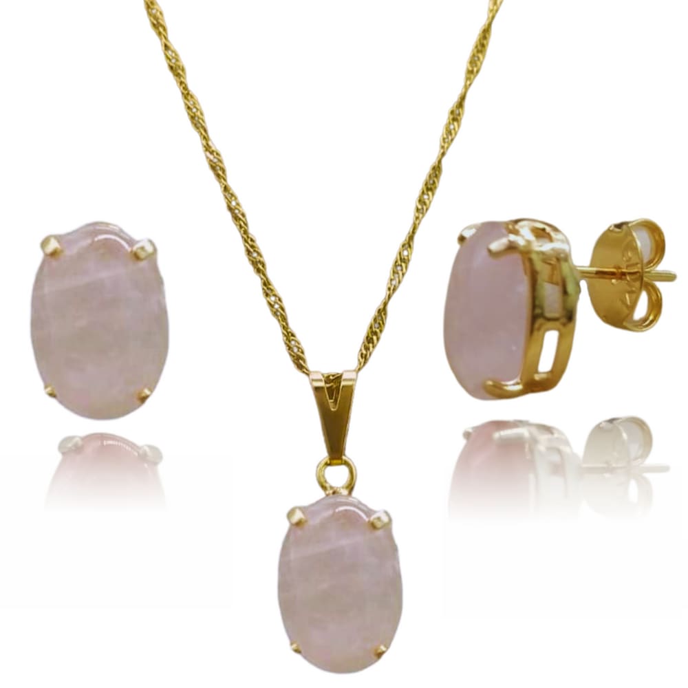 Conjunto de Colar e Brinco Gota - Pedra Quartzo Rosa