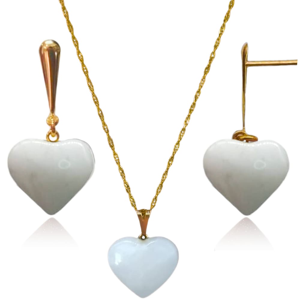 Conjunto de Colar e Brinco Coração - Pedra Quartzo Leitoso