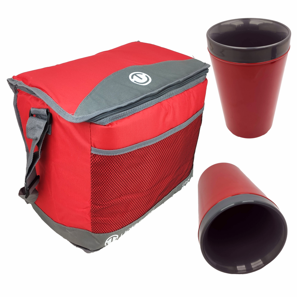 Bolsa Térmica Azul Caixa Cooler 24 Litros + 2 Copos Térmico 350ml Parede Dupla Vermelho