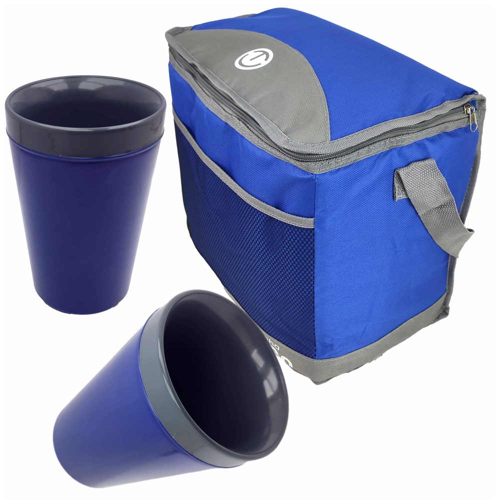 Bolsa Térmica Azul Caixa Cooler 24 Litros + 2 Copos Térmico 350ml Parede Dupla Azul