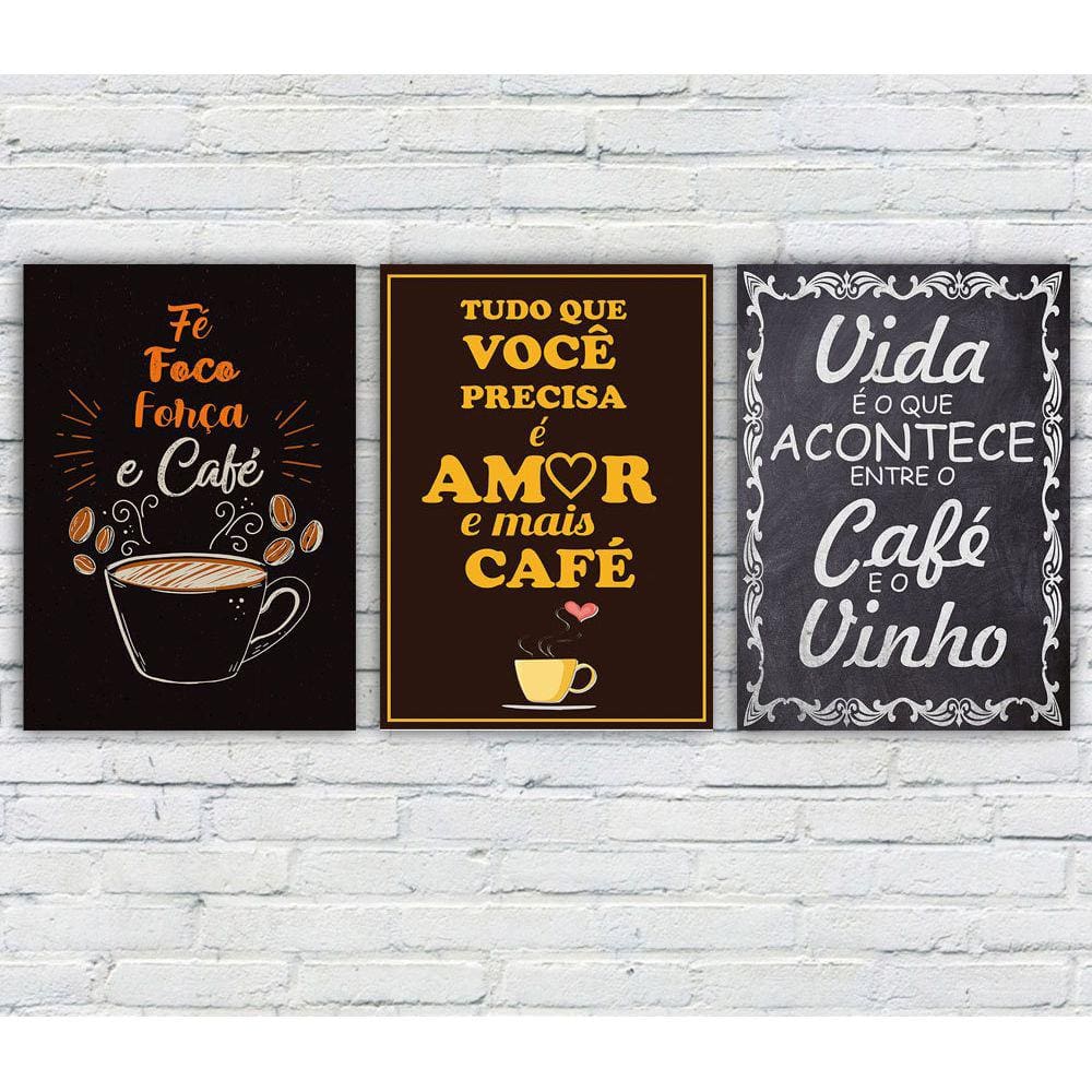 Kit 3 Quadros/Placas Decorativas MDF Café 02