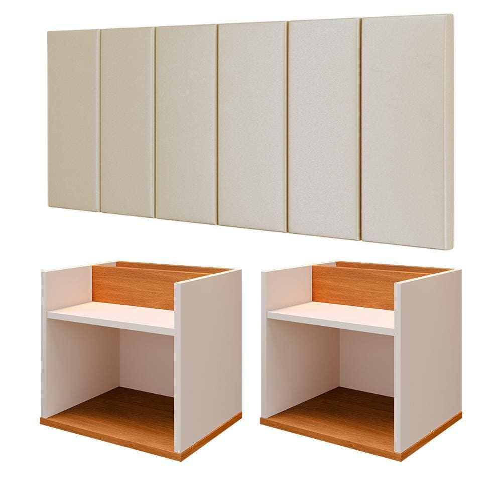Kit 2 Mesinhas Suspensa Madri Off White/Cinamomo Prateleira Divisória Cabeceira Almofadada Julia 1,40 Cama Box Casal Areia Suede - RPM Móveis