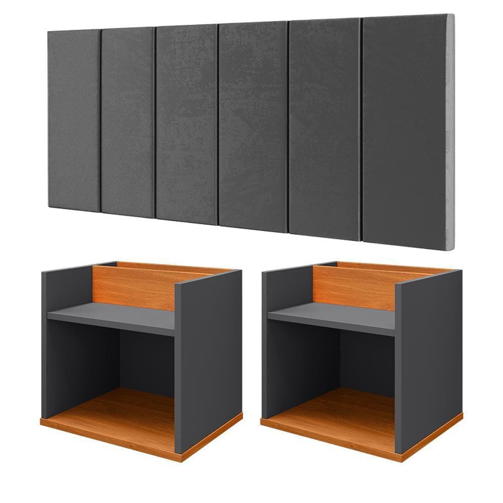 Kit 2 Mesinhas Suspensa Madri Cinza/Cinamomo Prateleira Divisória Cabeceira Almofadada Julia 1,40 Cama Box Casal Cinza Suede - RPM Móveis