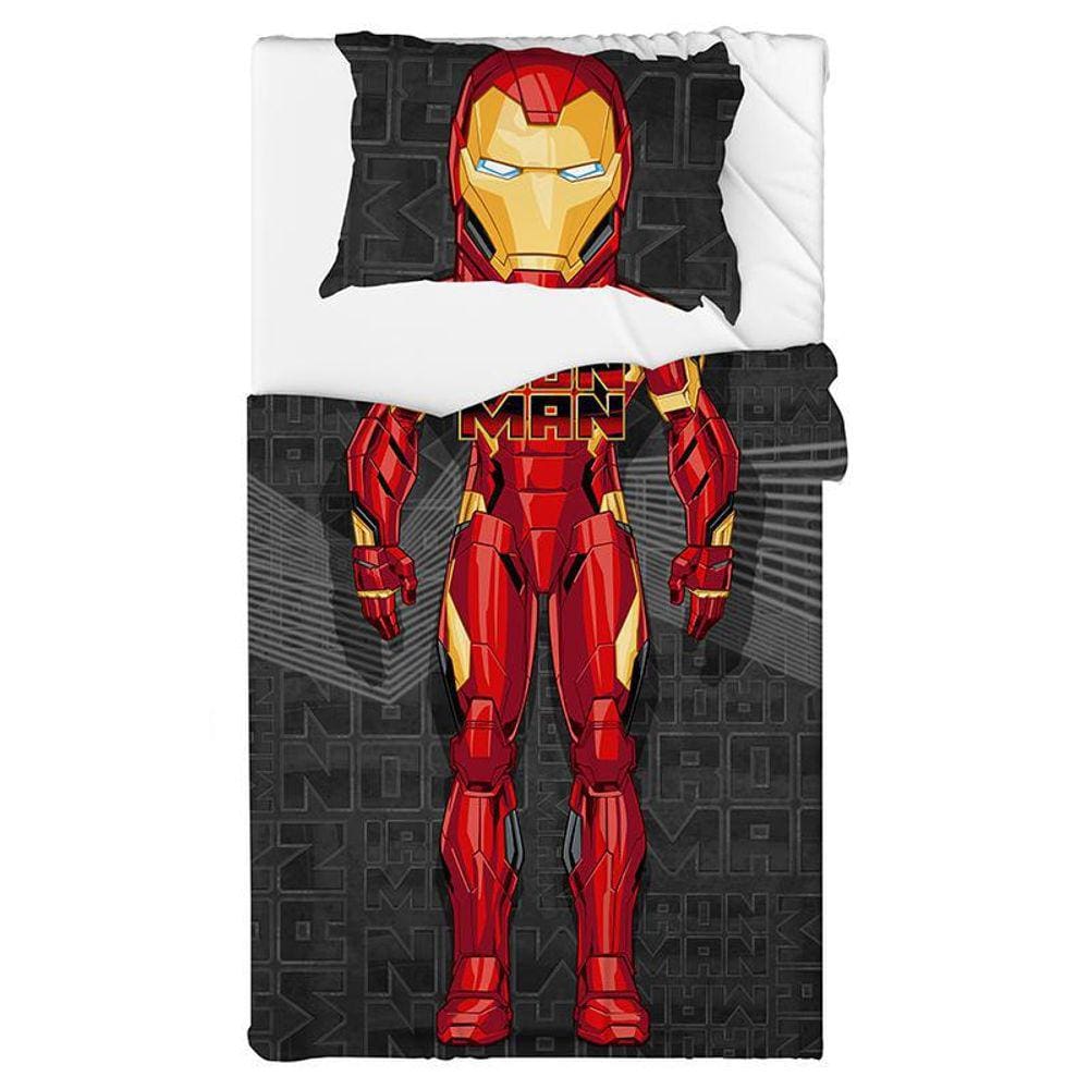 Colcha Solteiro Portallar Fun Flanela + Fronha Localizada Marvel Iron Man Cinza