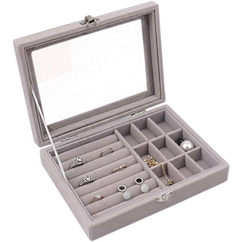 Estojo Porta Joias Tampa 9 Divisórias E Porta Anel Cinza