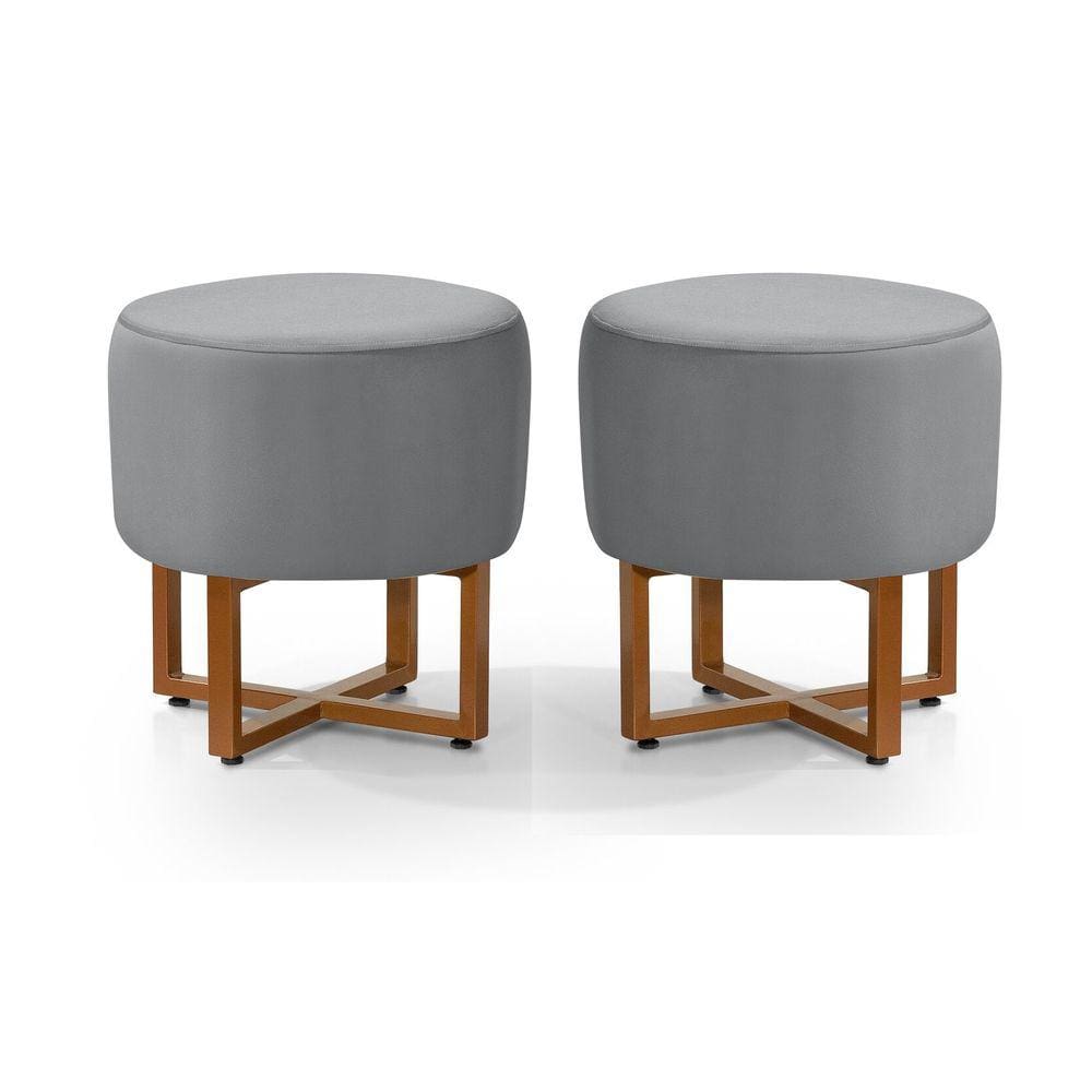 2 Pufes Banqueta Redonda Para Sala Decoração Interior Pes Ferro Cobre Tecido Cinza