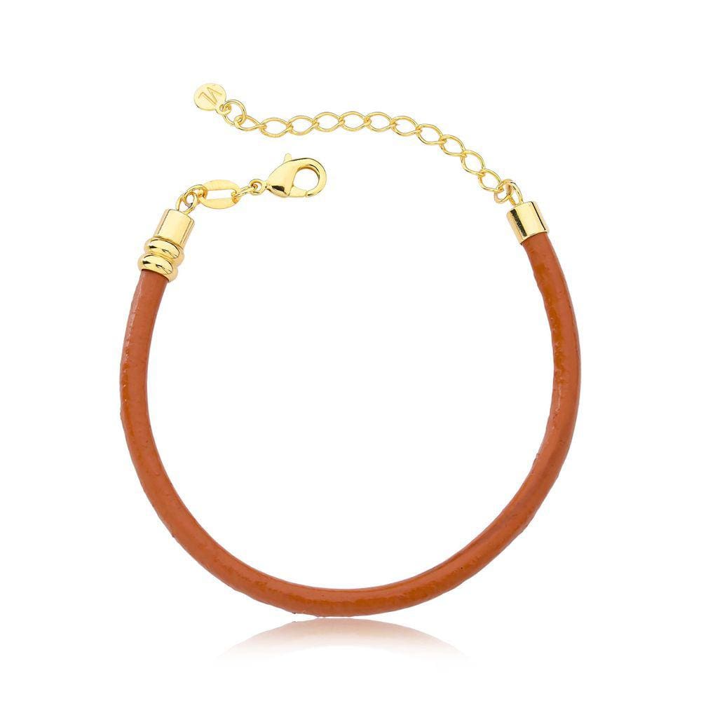 Pulseira de Couro Natural Caramelo Revestida em Ouro