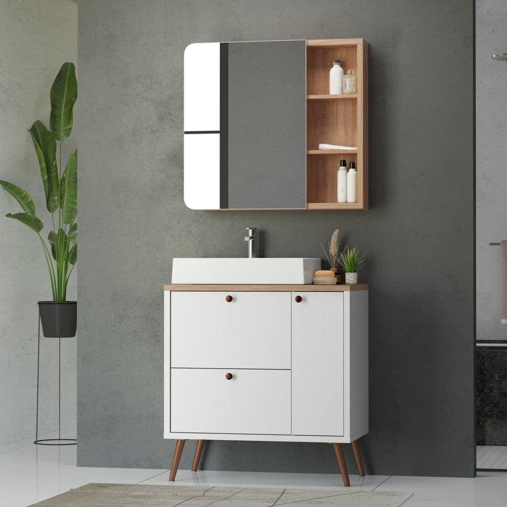 Gabinete com Pés Para Banheiro com 01 Armário com Cuba Madri Branco/Tauari