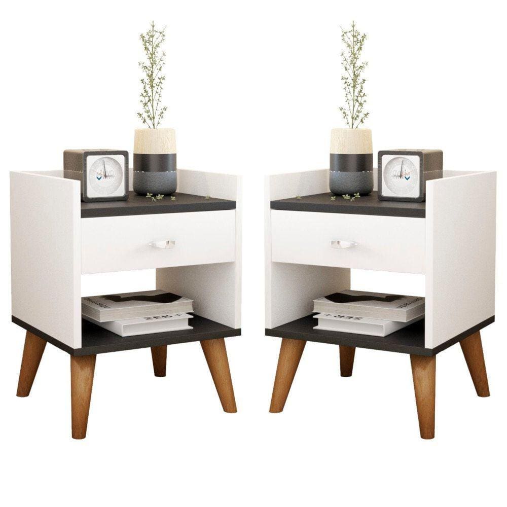 Kit 2 Mesas de Cabeceira Retrô Pés Palito em Madeira Maciça 1 Gaveta e Prateleira Branco/Preto