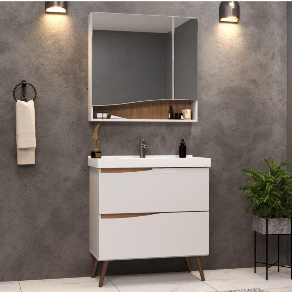 Gabinete Para Banheiro Com Pés 02 Gavetas 02 Portas e Lavatório Lille Branco/Tauari