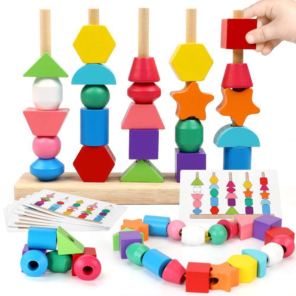 Montessori Toys Singrace Wooden Stling Blocks & Lace Bea